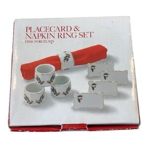 A Holiday Tradition Porcelain Placecard & Napkin Ring Set‎ Festive 8 Piece Set